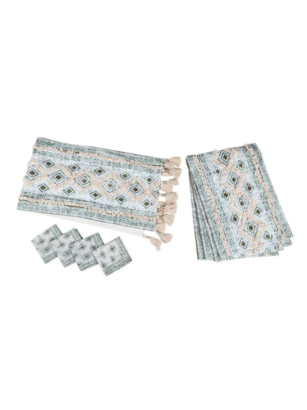 9 Pc Fringed Cotton Table Linen Set: Runner, 4 Place Mats, 4 Napkins I