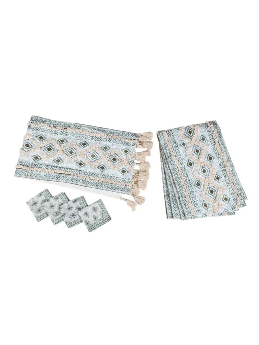 9 Pc Fringed Cotton Table Linen Set: Runner, 4 Place Mats, 4 Napkins I