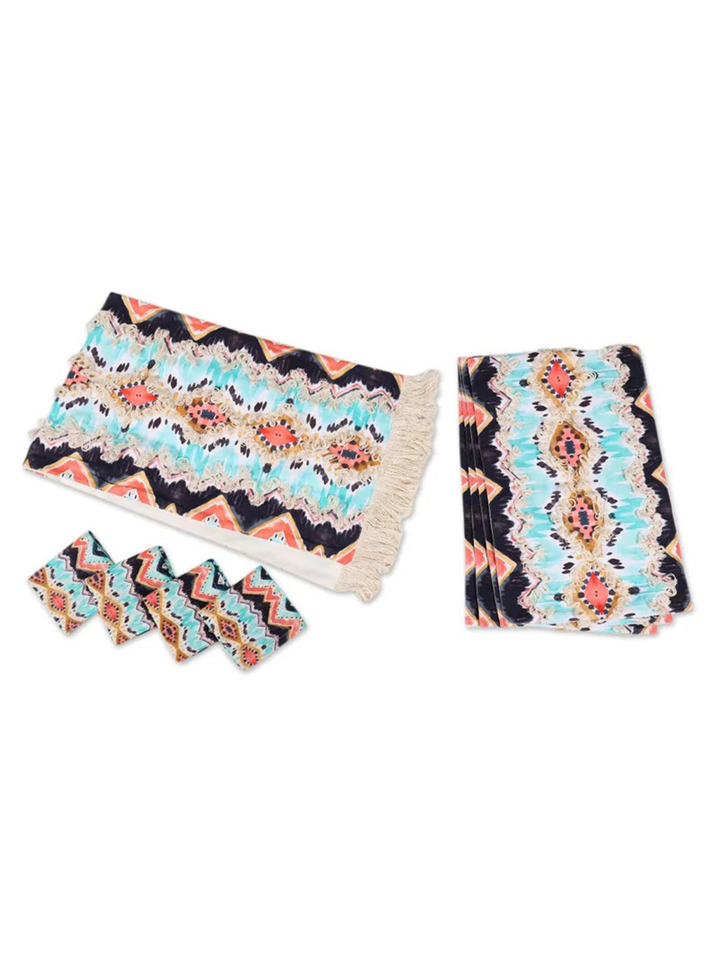 Sunset Shores Geometric Cotton Table Linen Set (9 Pc: Runner, 4 Place Mats, 4 Napkins) I