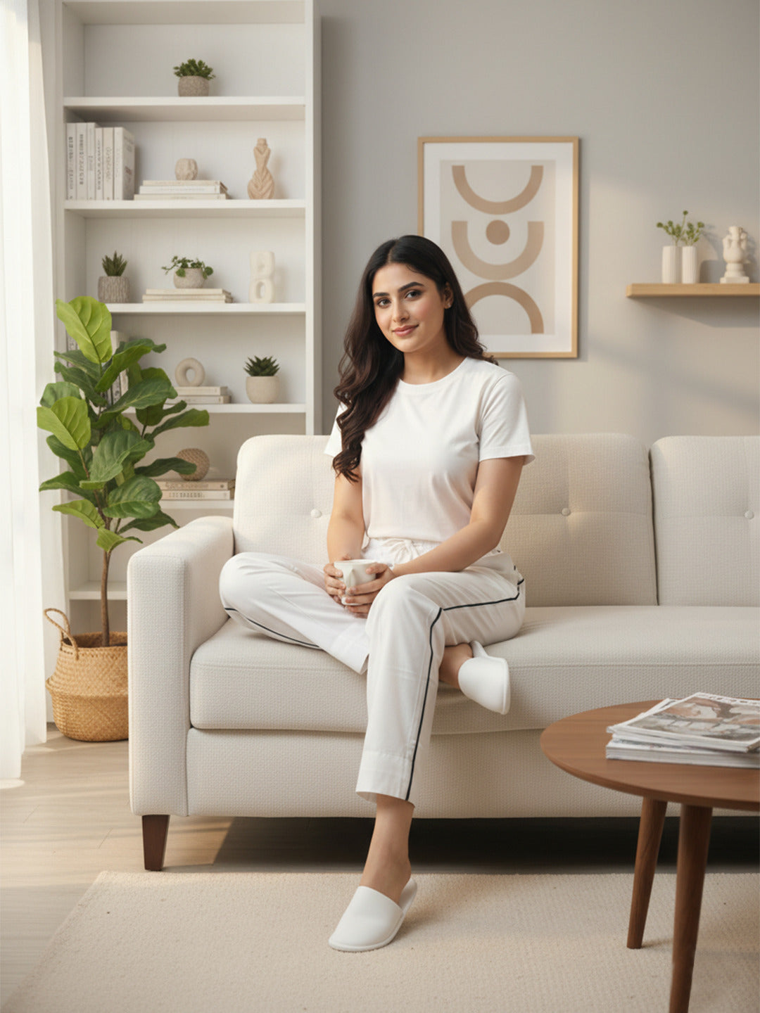 Izaafa Women's Pure Cotton Trouser/Pajama | White Relaxed Fit Ankle-Length Pant with Contrast Black Side Stripe | Elastic Drawstring Waist & Pockets | Lounge & Casual