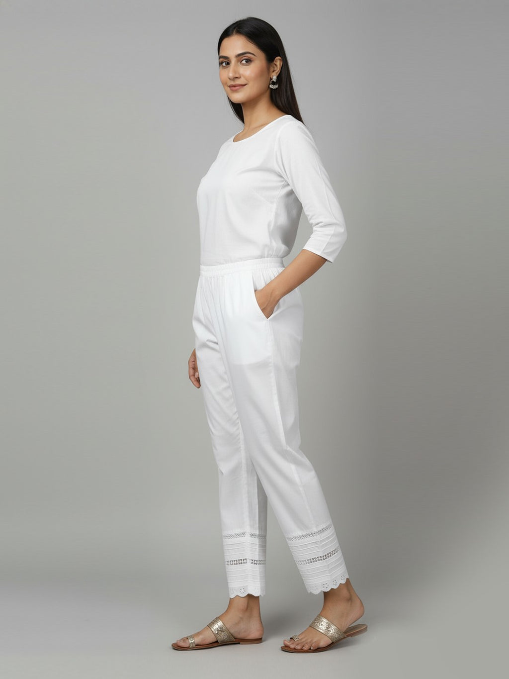 White Cotton Trousers,with  Embroidered