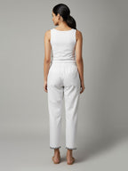 Women's White Cotton Pants with Embroidered Hem, Elastic Waist, Casual Trousers