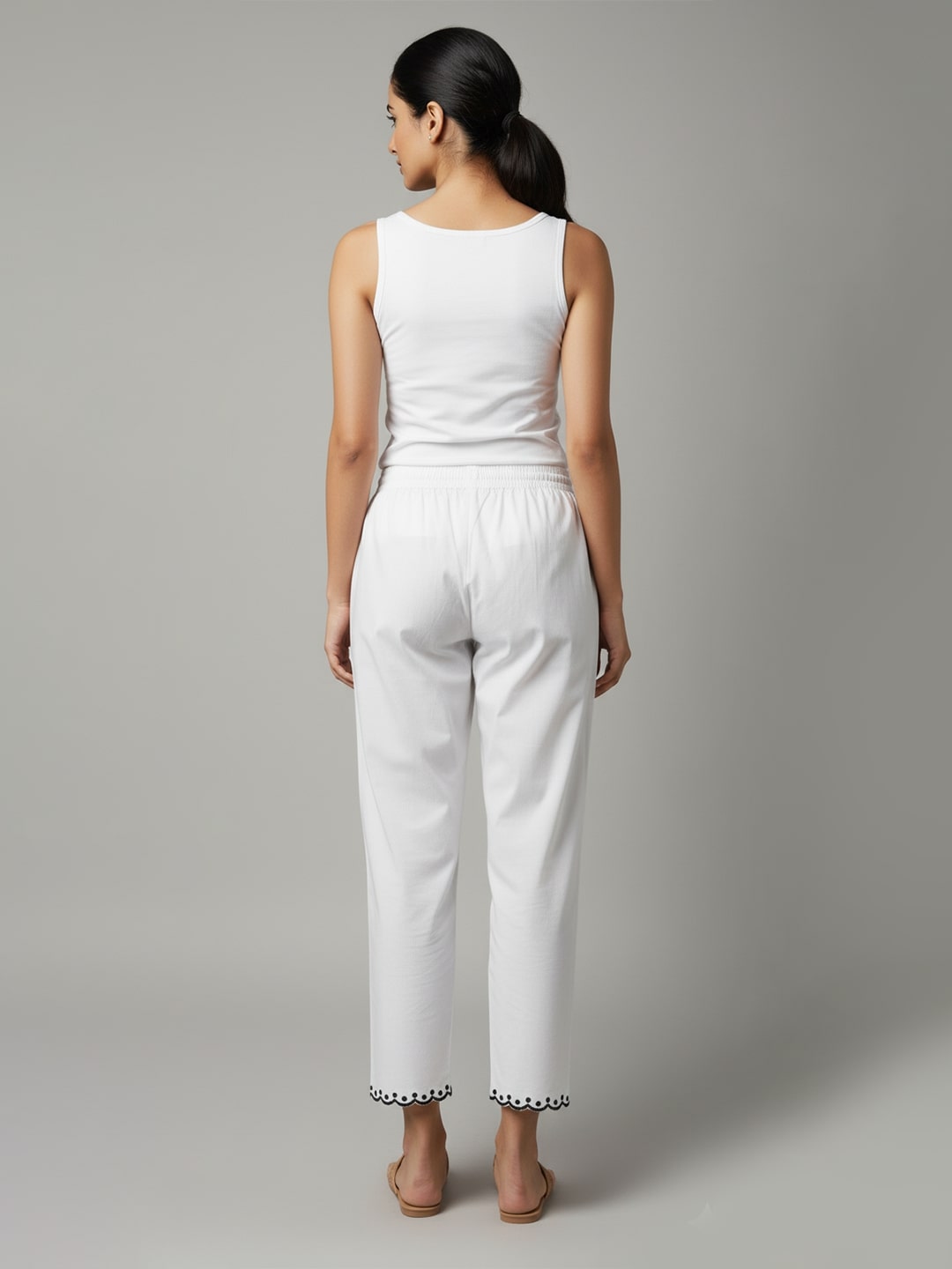 Izaafa Women's White Cotton Pants with Embroidered Hem, Elastic Waist, Casual Trousers