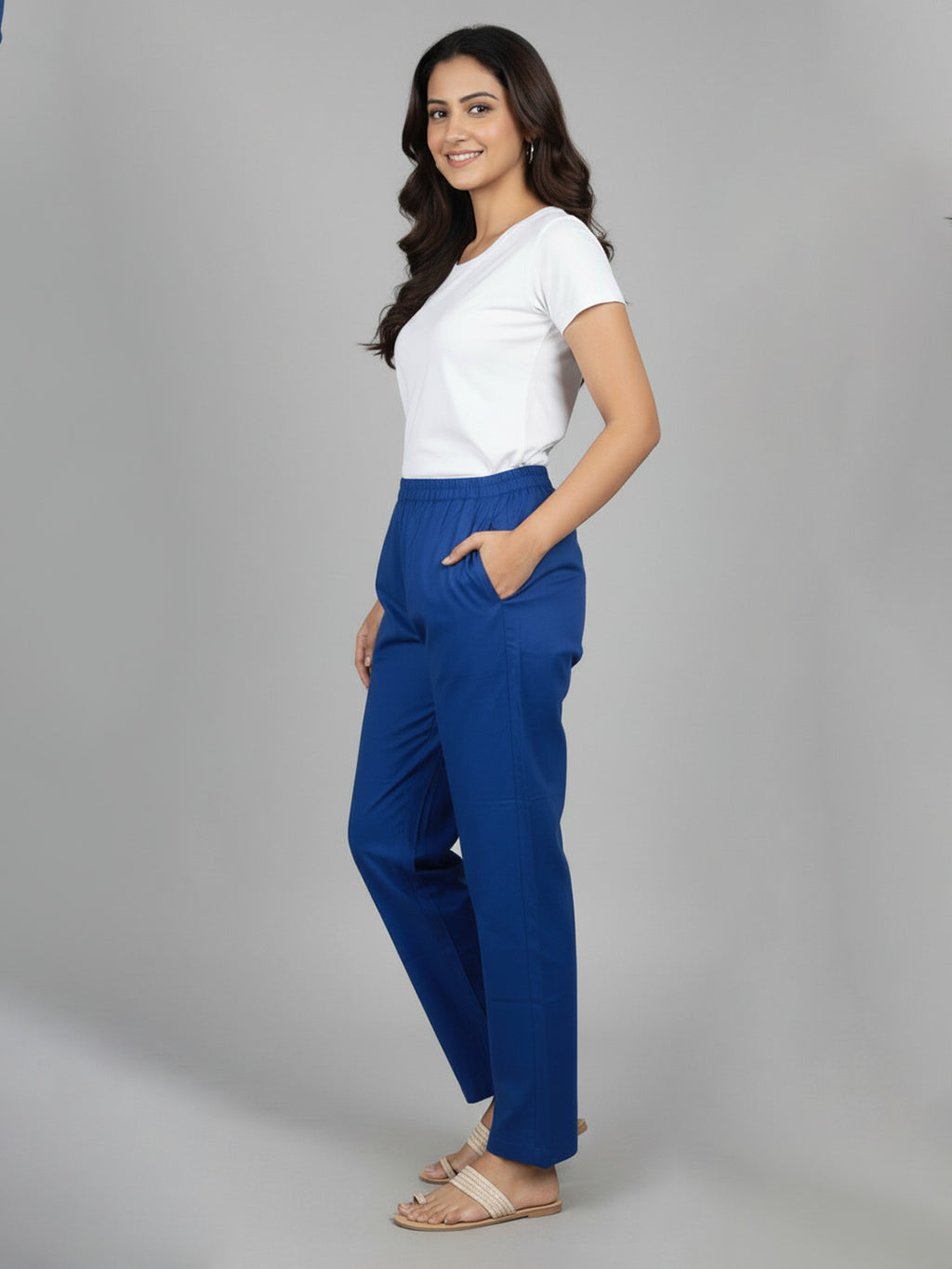 Izaafa Women's Pure Cotton Solid Royal Blue Trouser | Straight Fit Ankle-Length Pant with Elastic Waistband | Comfortable Casual, Office & Ethnic Bottom Wear with Pockets