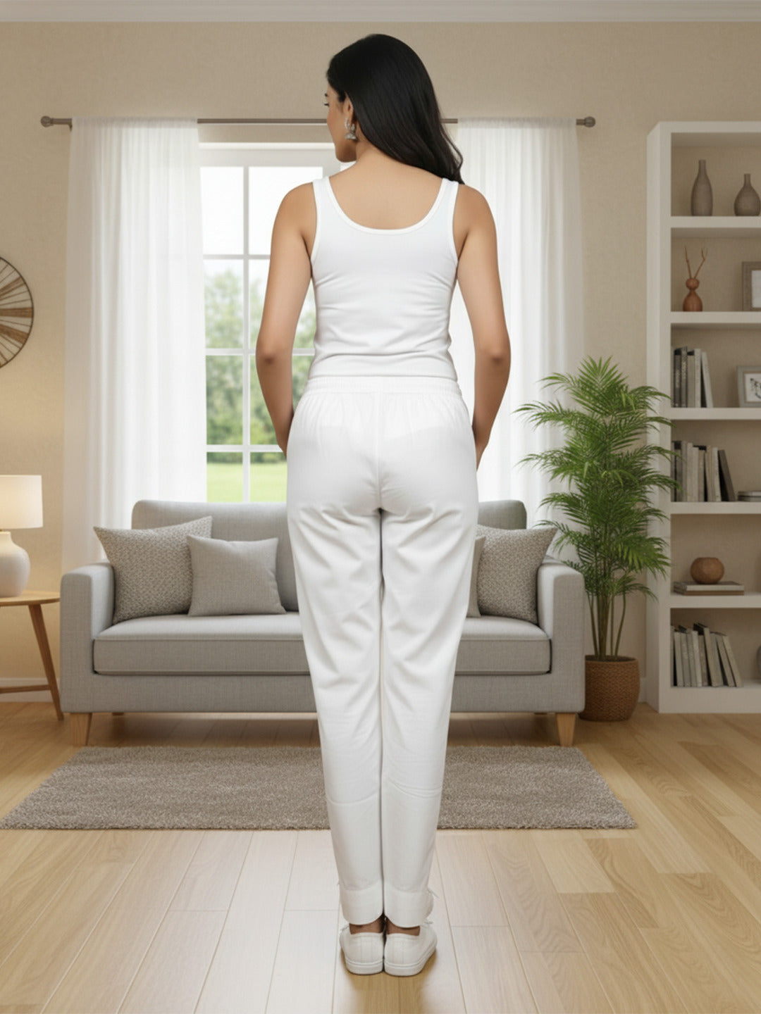 Izaafa Women's Pure Cotton Trouser/Pajama | White Relaxed Fit Ankle-Length Pant with Contrast Black Side Stripe | Elastic Drawstring Waist & Pockets | Lounge & Casual