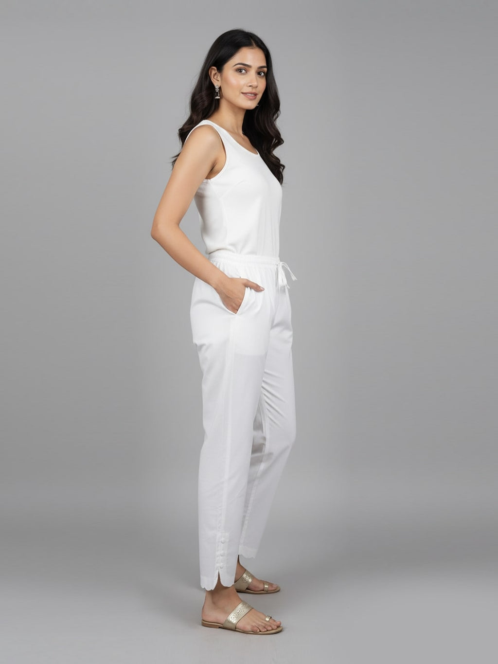 Izaafa Women's White Pure Cotton Scallop Hem Ankle Length Trousers with Drawstring Waist | Stylish Casual & Lounge Wear Pants | Comfortable Regular Fit