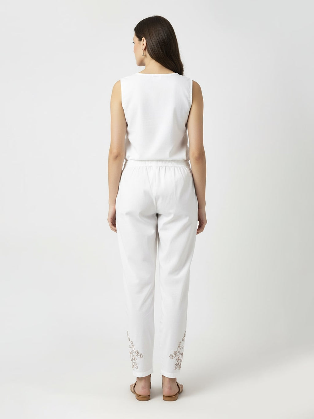 Izaafa Women's Pure Cotton Trouser with Tone-on-Tone Embroidery Hem | White Relaxed Fit Ankle-Length Pant with Drawstring Waist & Pockets | Versatile Ethnic Bottom Wear