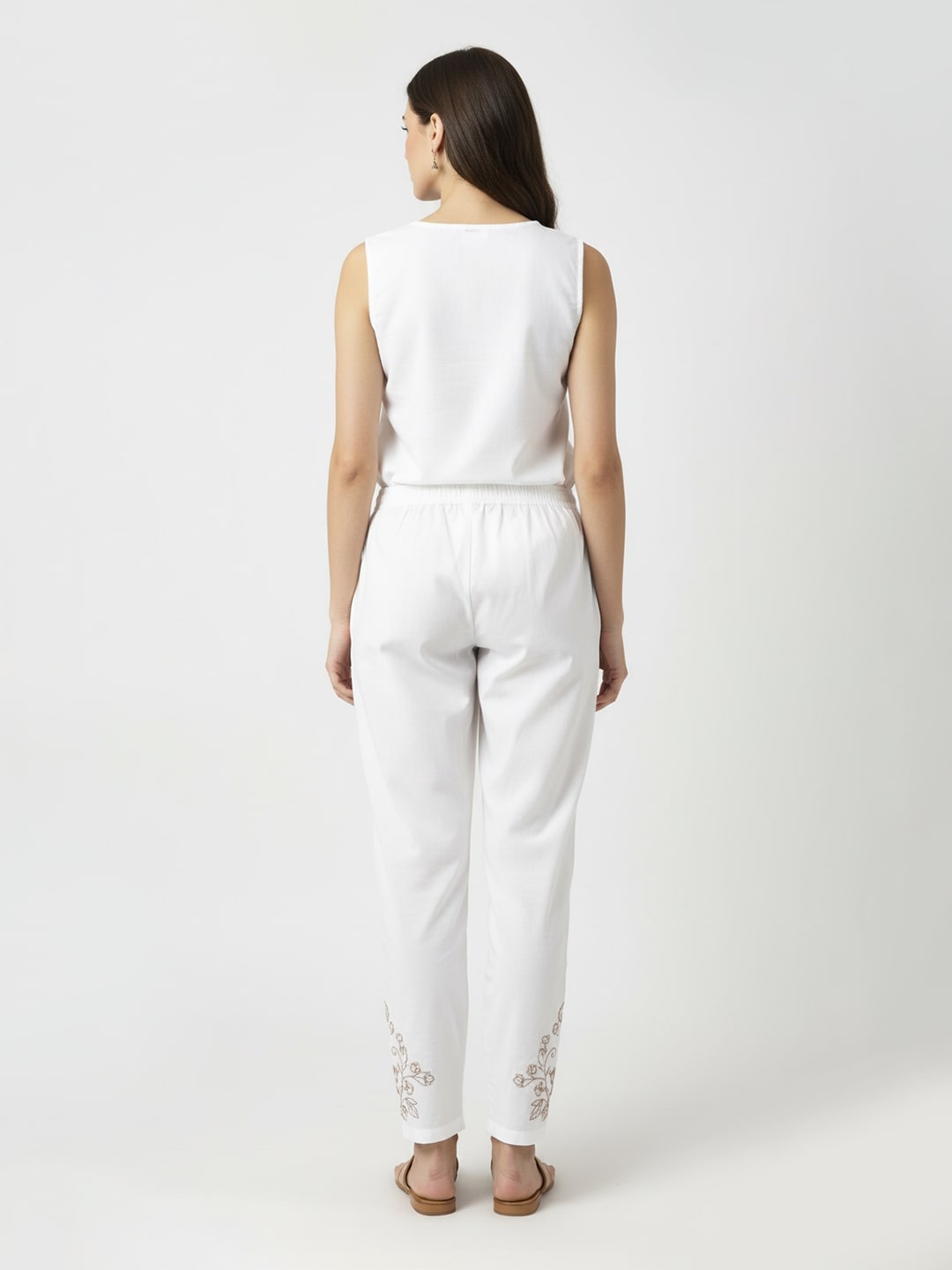 Izaafa Women's Pure Cotton Trouser with Tone-on-Tone Embroidery Hem | White Relaxed Fit Ankle-Length Pant with Drawstring Waist & Pockets | Versatile Ethnic Bottom Wear