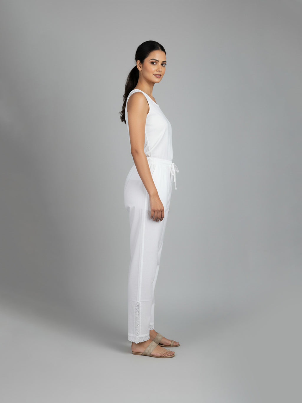 Pure Cotton Palazzo Trouser with Lace Detail, White, Drawstring Waist