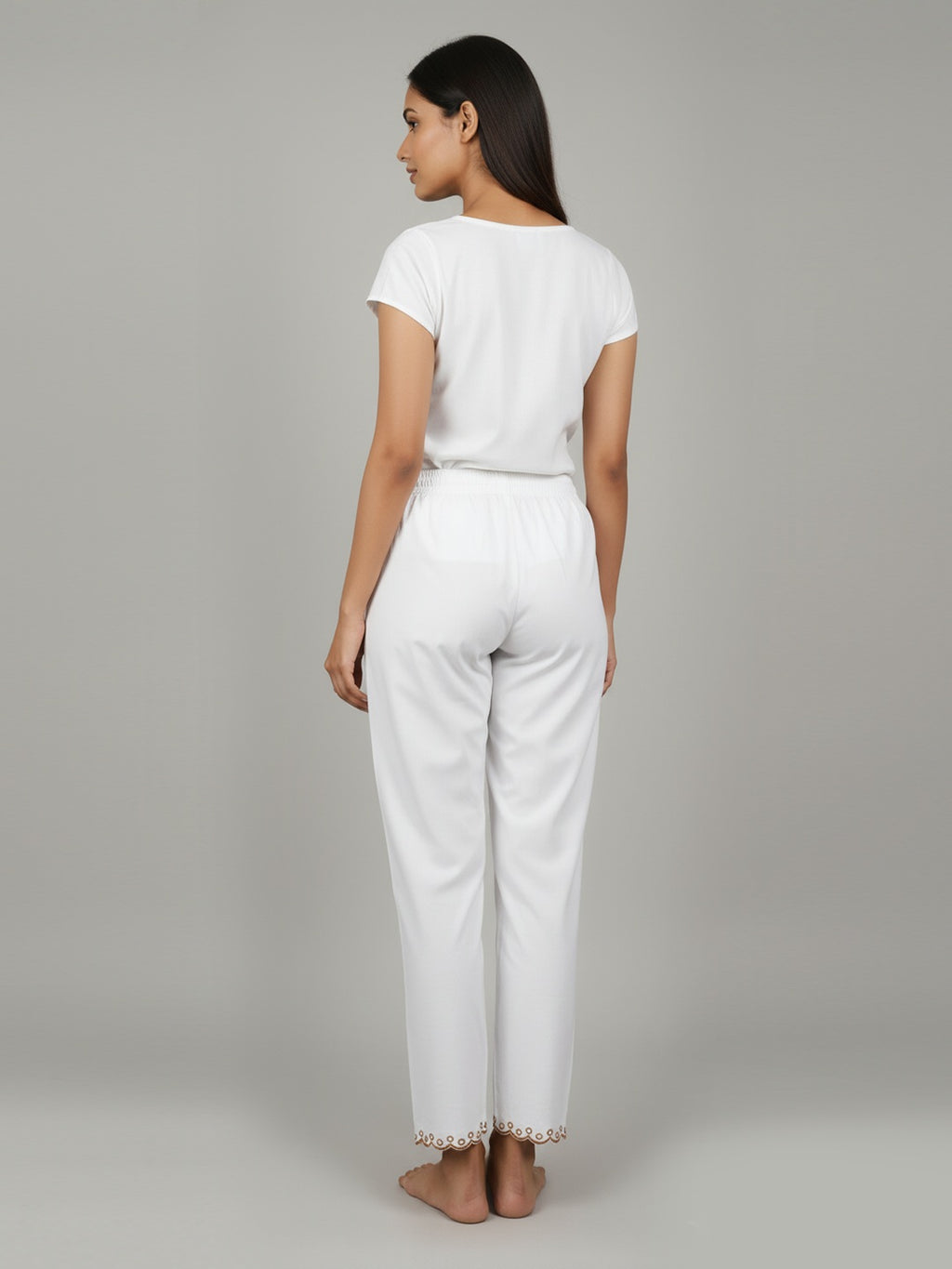 White Cotton Trouser with Embroidered Hem,