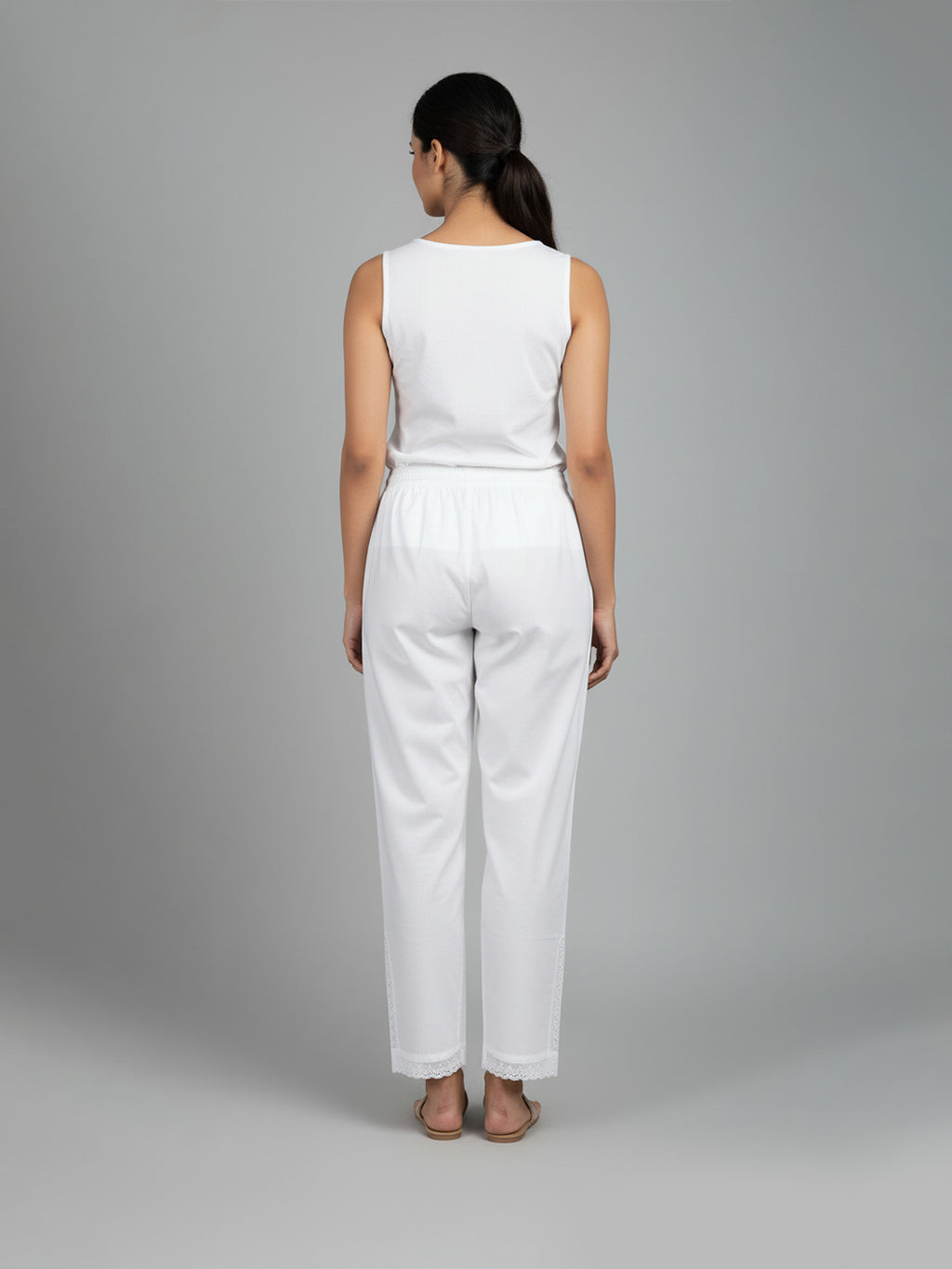 Pure Cotton Palazzo Trouser with Lace Detail, White, Drawstring Waist