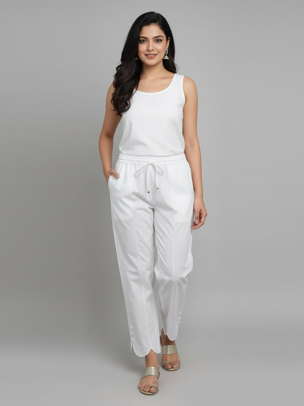 Izaafa Women's White Pure Cotton Scallop Hem Ankle Length Trousers with Drawstring Waist | Stylish Casual & Lounge Wear Pants | Comfortable Regular Fit