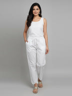 Women's White Pure Cotton Scallop Hem Ankle Length Trousers