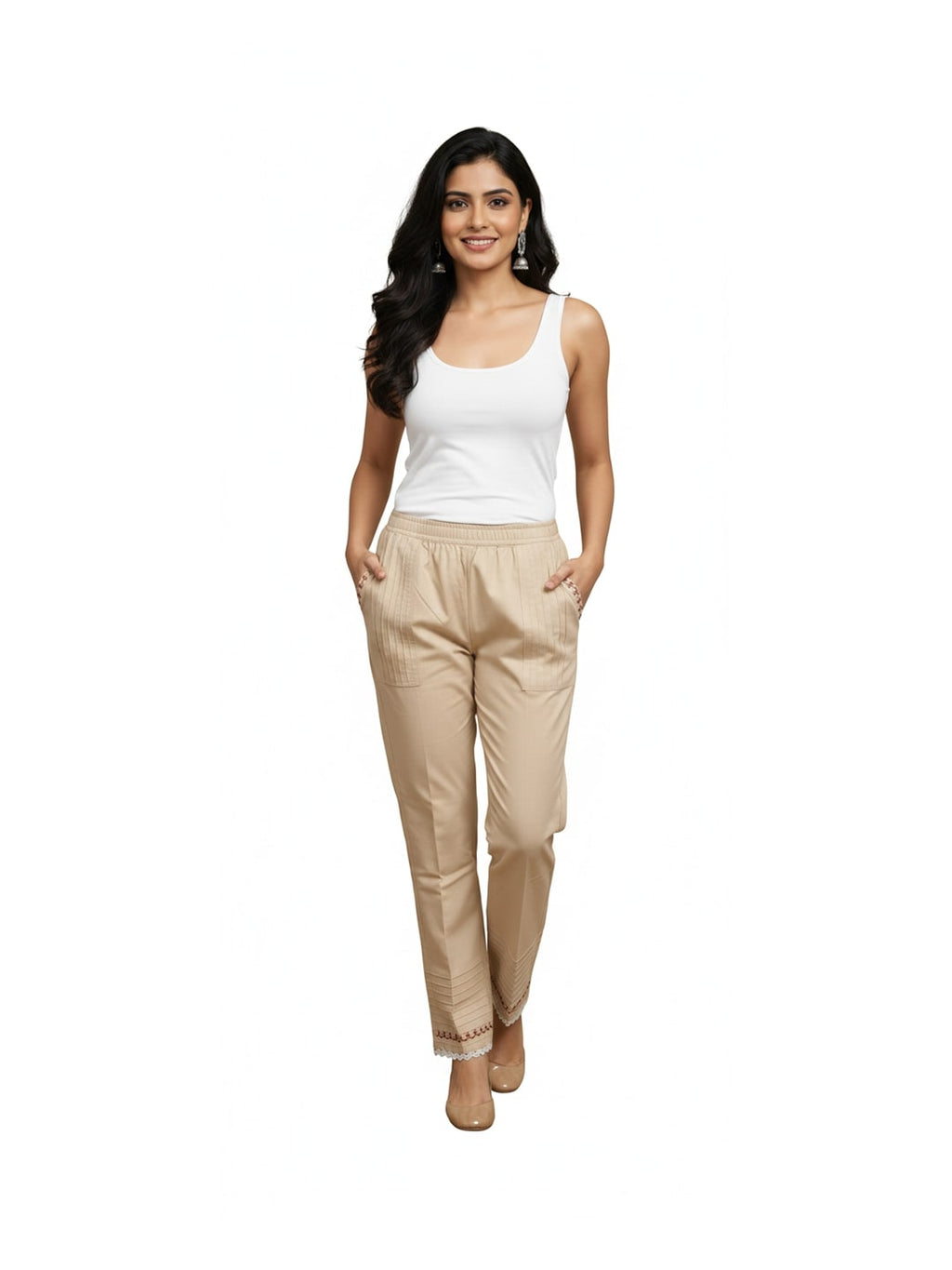 Izaafa Women's Pure Cotton Pintuck Trouser | Ankle Length Relaxed Fit Pant with Lace Trim & Side Pockets | Beige Solid Color Casual & Ethnic Bottom Wear