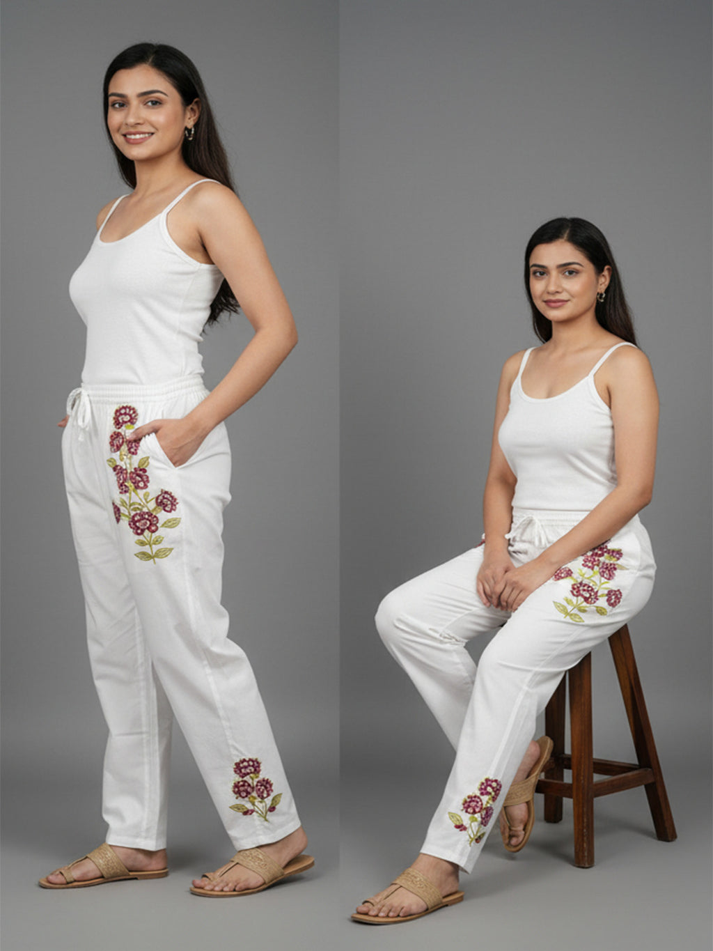 Women's Pure Cotton wine  Embroidered Trouser /