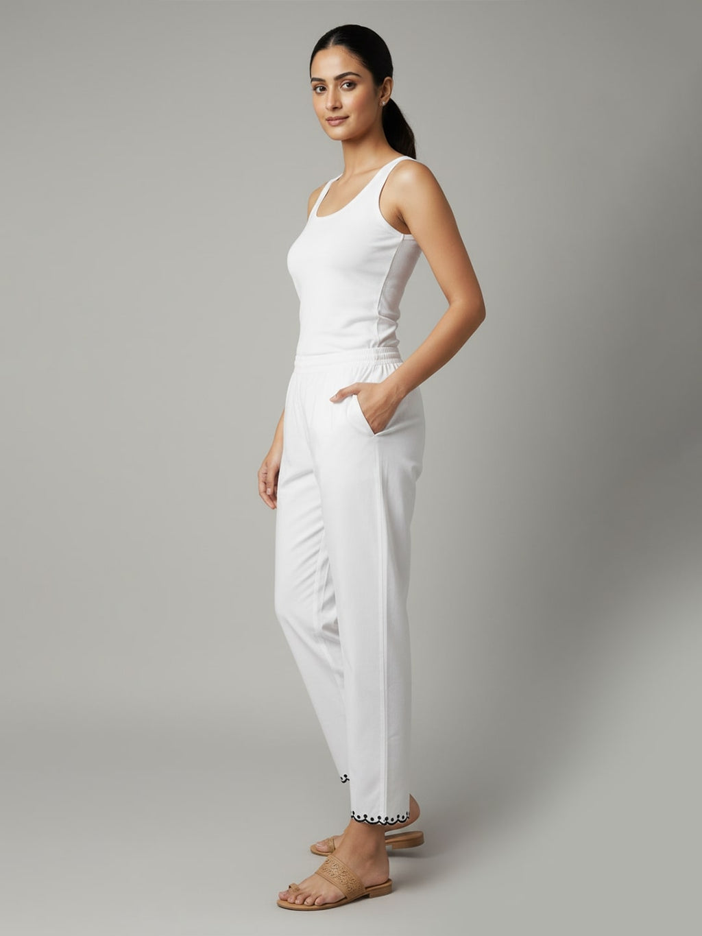 Izaafa Women's White Cotton Pants with Embroidered Hem, Elastic Waist, Casual Trousers