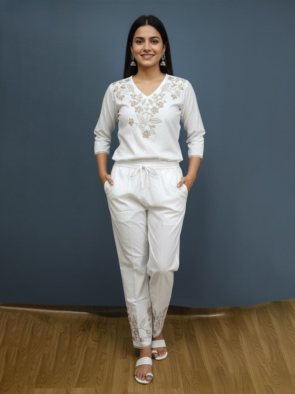 Izaafa Women's Pure Cotton Trouser with Tone-on-Tone Embroidery Hem | White Relaxed Fit Ankle-Length Pant with Drawstring Waist & Pockets | Versatile Ethnic Bottom Wear