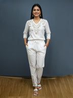 Women's Pure Cotton Trouser with Tone-on-Tone Embroidery Hem |