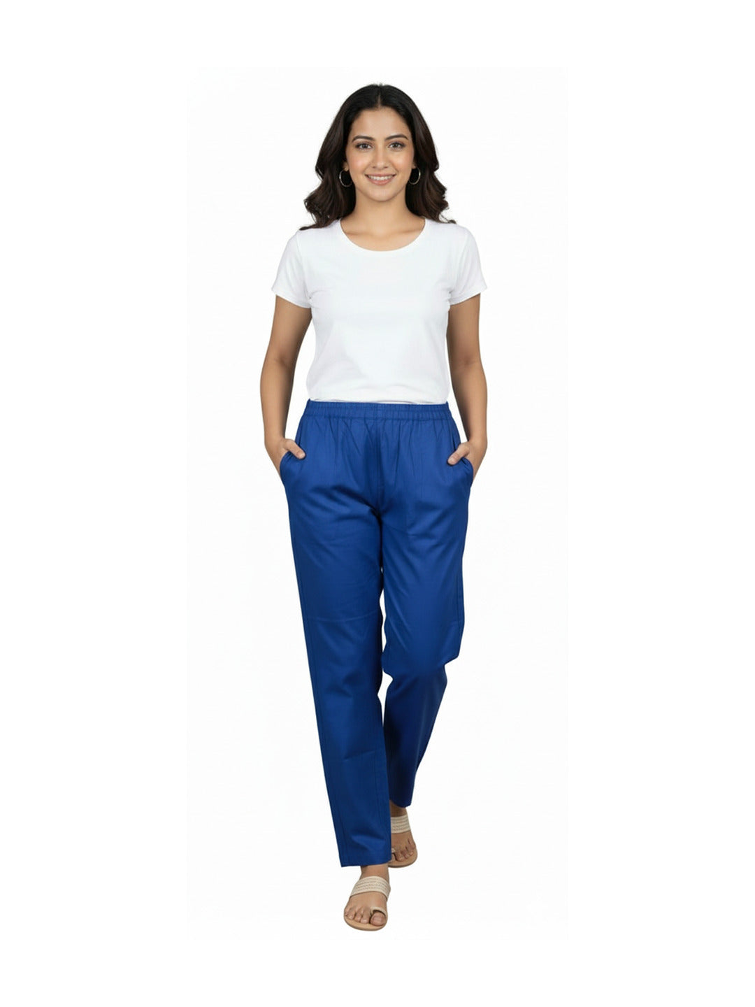Izaafa Women's Pure Cotton Solid Royal Blue Trouser | Straight Fit Ankle-Length Pant with Elastic Waistband | Comfortable Casual, Office & Ethnic Bottom Wear with Pockets