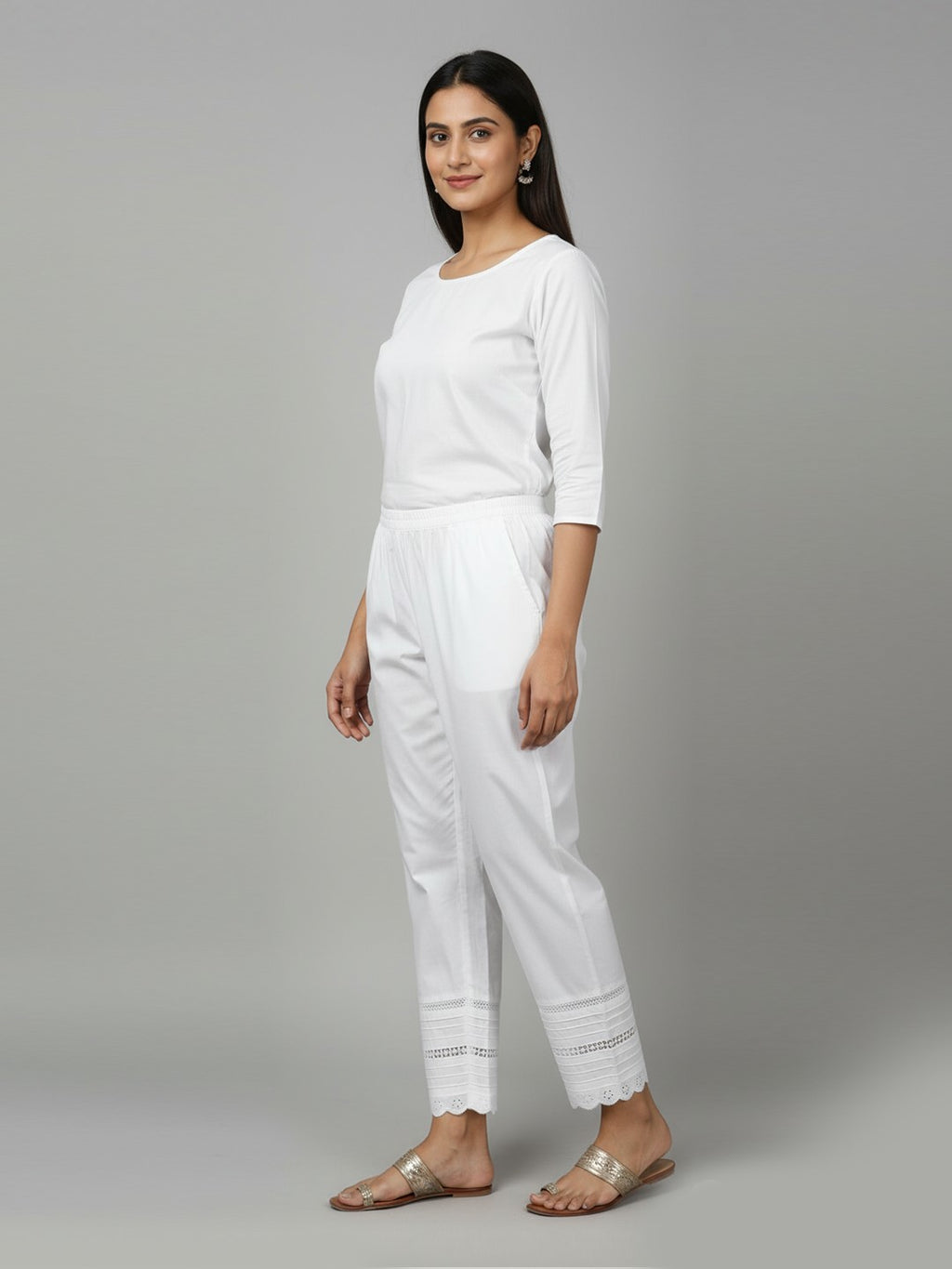 White Cotton Trousers,with  Embroidered