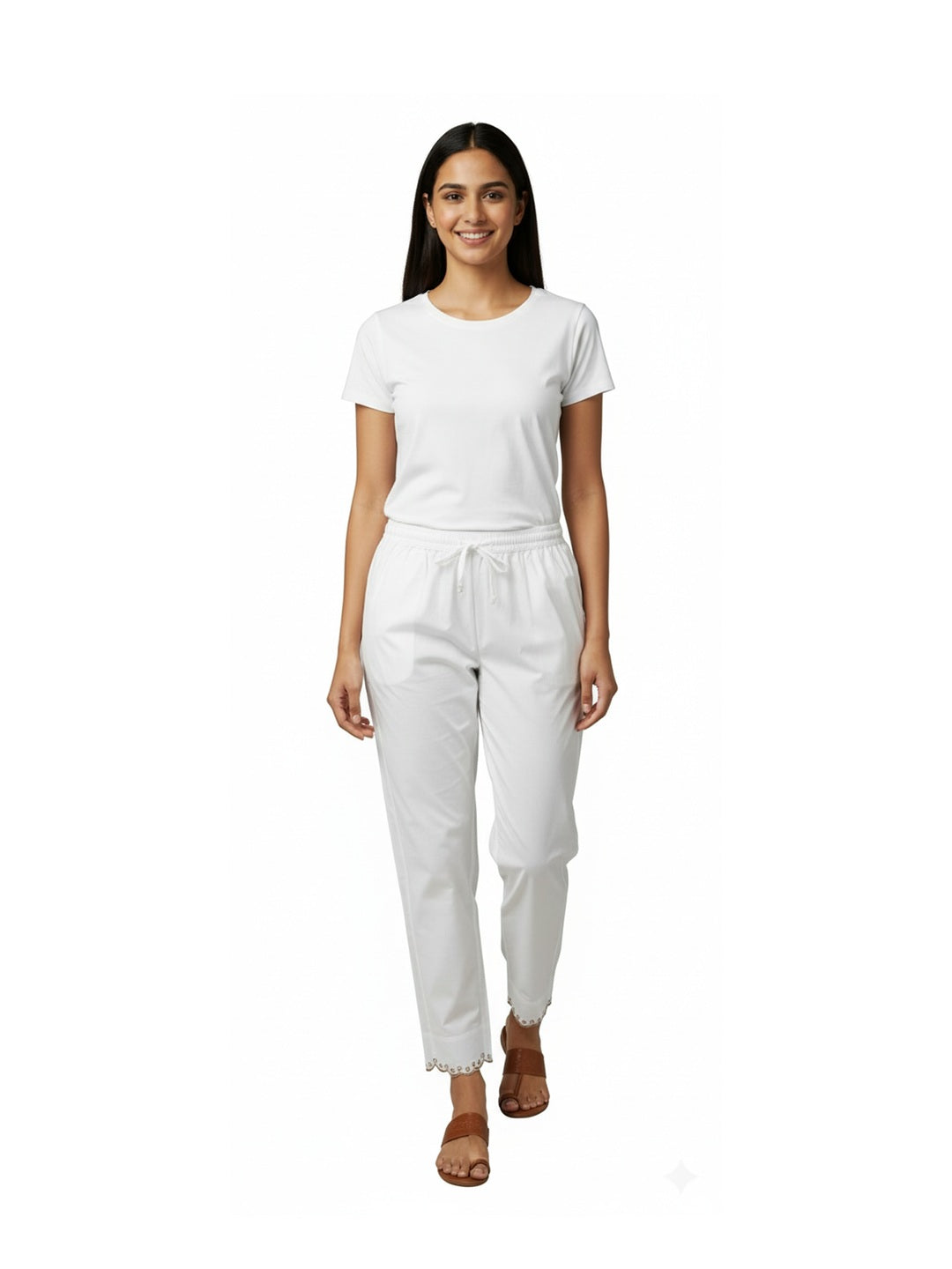 White Cotton Trouser with Embroidered Hem,