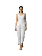 Women's White Cotton Pants with Embroidered Hem, Elastic Waist, Casual Trousers