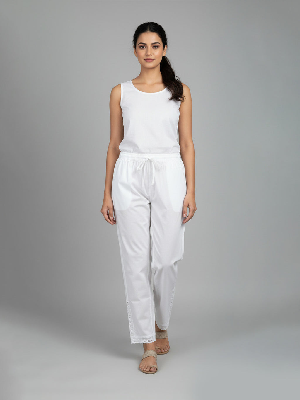 Pure Cotton Palazzo Trouser with Lace Detail, White, Drawstring Waist