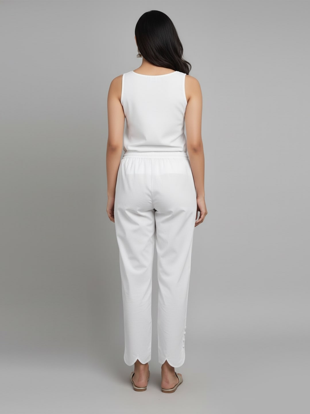 Izaafa Women's White Pure Cotton Scallop Hem Ankle Length Trousers with Drawstring Waist | Stylish Casual & Lounge Wear Pants | Comfortable Regular Fit