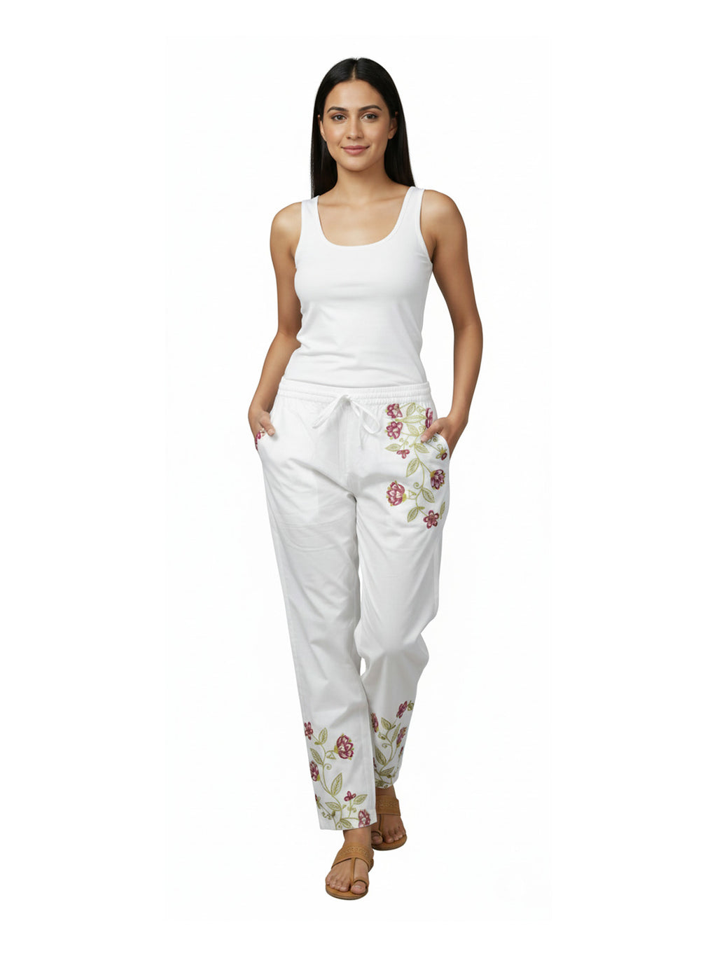Women's Pure Cotton wine  Embroidered Trouser /