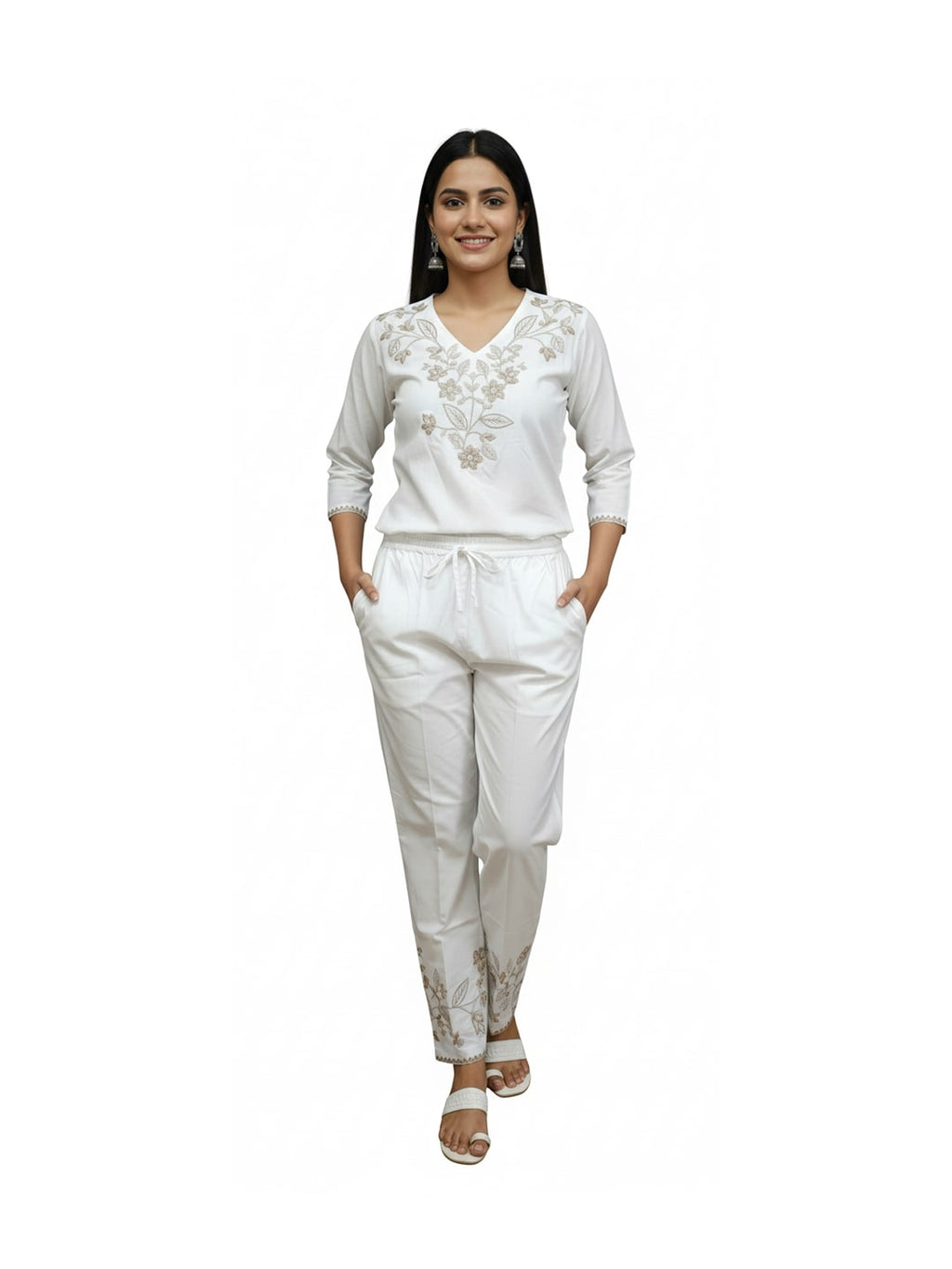 Izaafa Women's Pure Cotton Trouser with Tone-on-Tone Embroidery Hem | White Relaxed Fit Ankle-Length Pant with Drawstring Waist & Pockets | Versatile Ethnic Bottom Wear