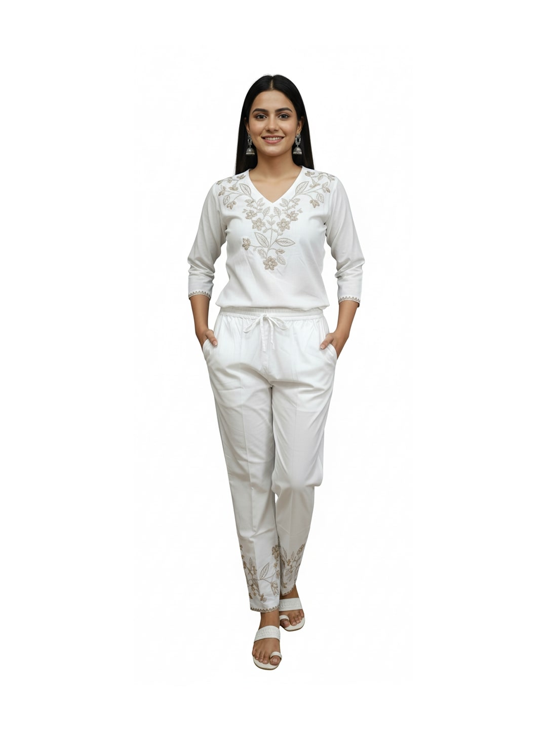 Izaafa Women's Pure Cotton Trouser with Tone-on-Tone Embroidery Hem | White Relaxed Fit Ankle-Length Pant with Drawstring Waist & Pockets | Versatile Ethnic Bottom Wear