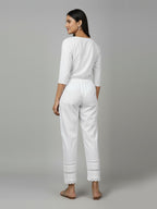 White Cotton Trousers,with  Embroidered