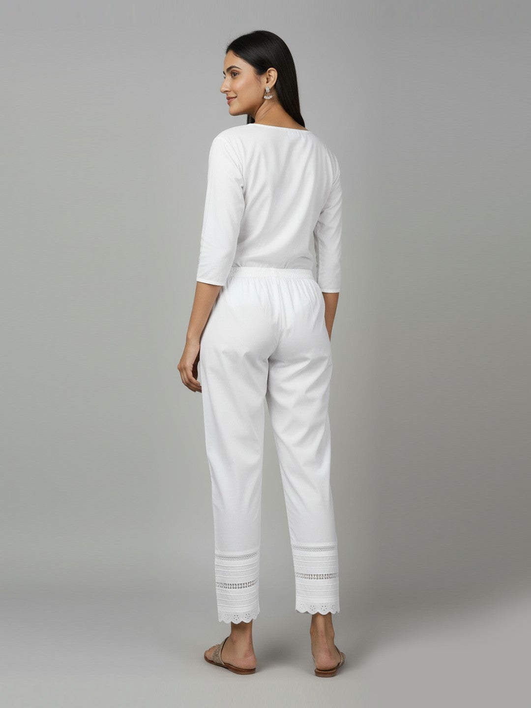 White Cotton Trousers,with  Embroidered