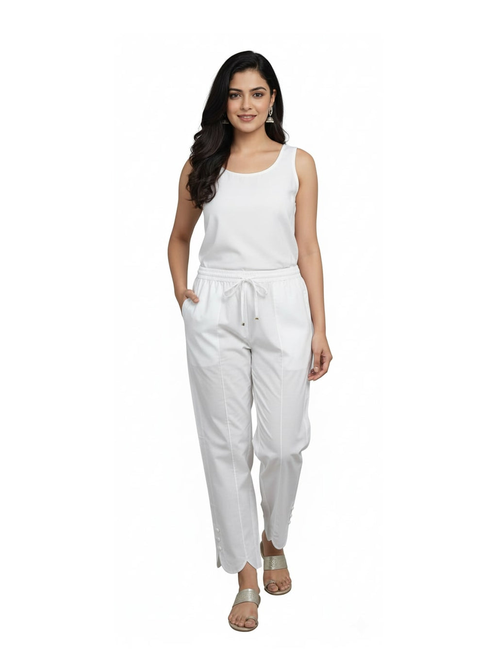Izaafa Women's White Pure Cotton Scallop Hem Ankle Length Trousers with Drawstring Waist | Stylish Casual & Lounge Wear Pants | Comfortable Regular Fit