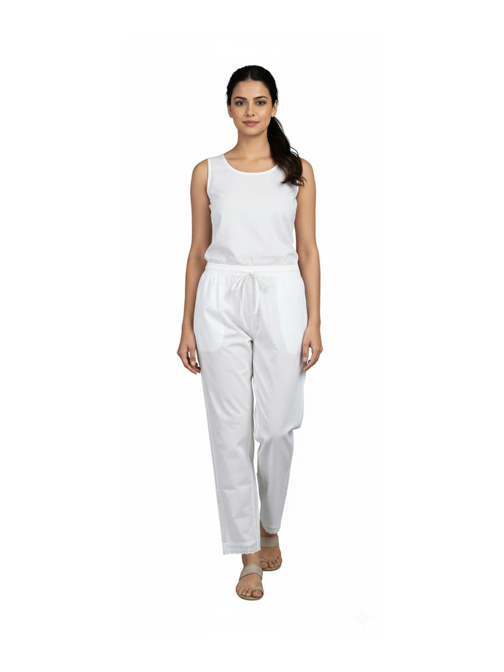 Pure Cotton Palazzo Trouser with Lace Detail, White, Drawstring Waist