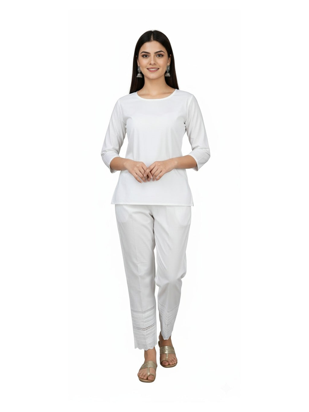 White Cotton Trousers,with  Embroidered