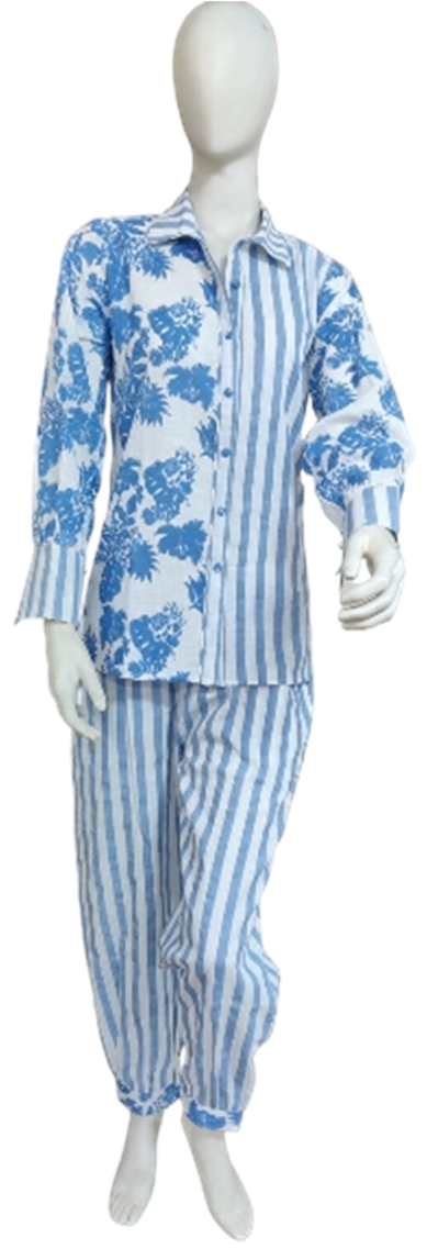 Blue Floral Print/Striped Cotton Co-ord Set