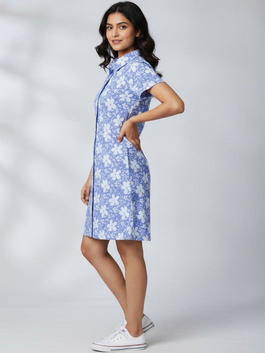 Blue Floral Shirt Dress with Pockets – Casual Summer Mini Dress
