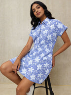 Blue Floral Shirt Dress with Pockets – Casual Summer Mini Dress