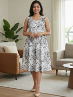 WOMEN'S FLORAL PRINTED SLEEVELESS FROCK - ELEGANT KNEE - LENGTH DRESS