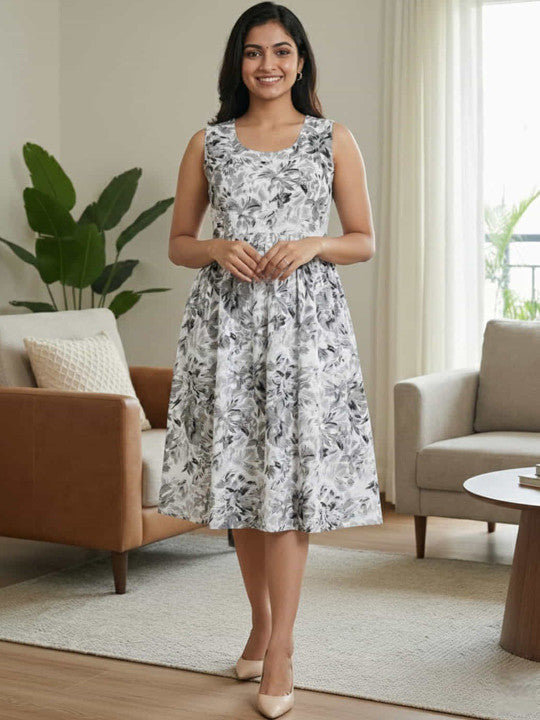 WOMEN'S FLORAL PRINTED SLEEVELESS FROCK - ELEGANT KNEE - LENGTH DRESS
