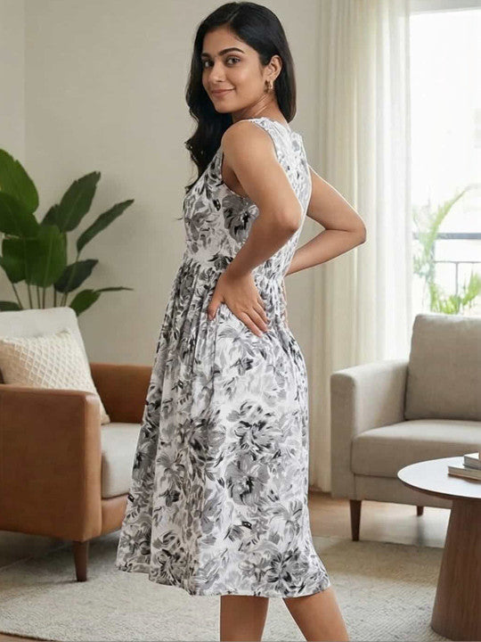 WOMEN'S FLORAL PRINTED SLEEVELESS FROCK - ELEGANT KNEE - LENGTH DRESS