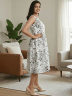 WOMEN'S FLORAL PRINTED SLEEVELESS FROCK - ELEGANT KNEE - LENGTH DRESS