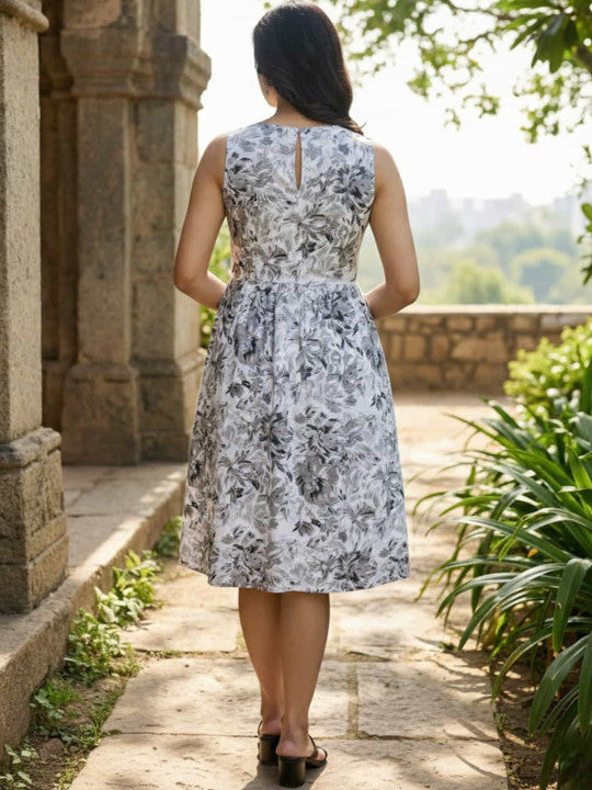 WOMEN'S FLORAL PRINTED SLEEVELESS FROCK - ELEGANT KNEE - LENGTH DRESS