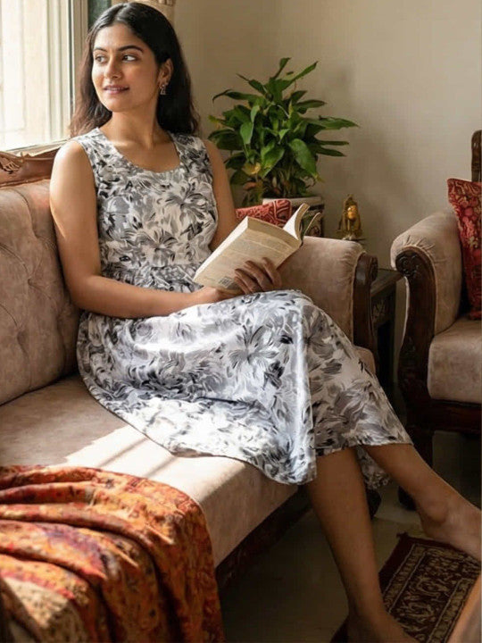 WOMEN'S FLORAL PRINTED SLEEVELESS FROCK - ELEGANT KNEE - LENGTH DRESS