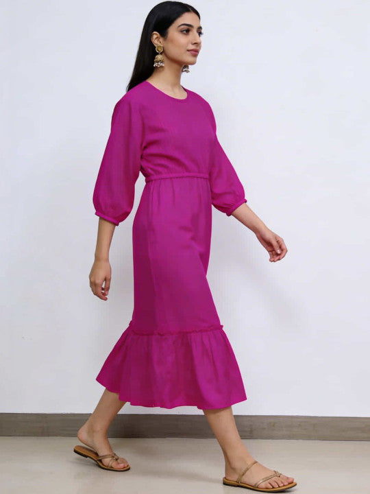 Elegant Pink Pleated Midi Dress – Long Sleeve Casual & Office Wear