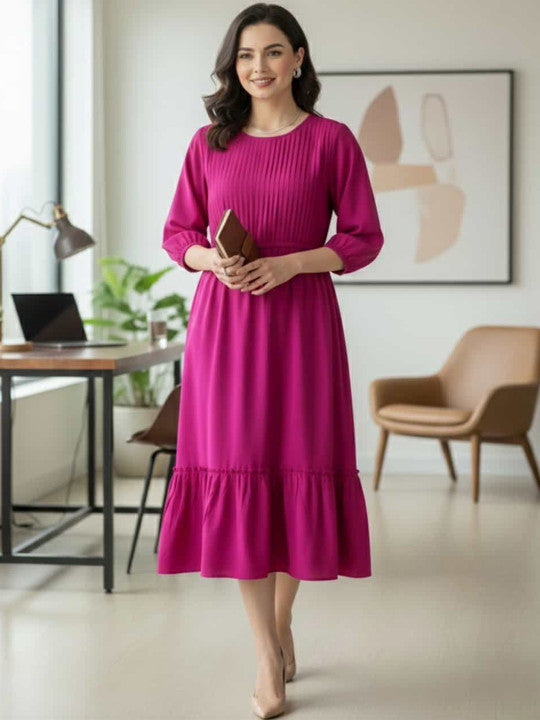 Elegant Pink Pleated Midi Dress – Long Sleeve Casual & Office Wear