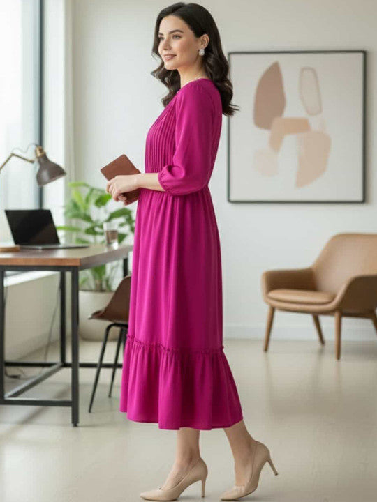 Elegant Pink Pleated Midi Dress – Long Sleeve Casual & Office Wear