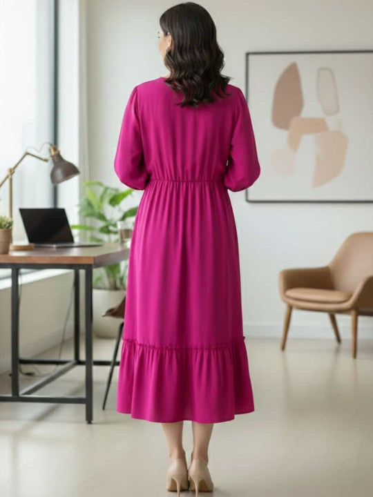 Elegant Pink Pleated Midi Dress – Long Sleeve Casual & Office Wear