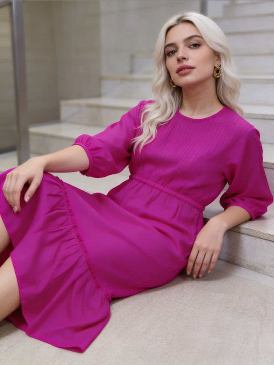 Elegant Pink Pleated Midi Dress – Long Sleeve Casual & Office Wear